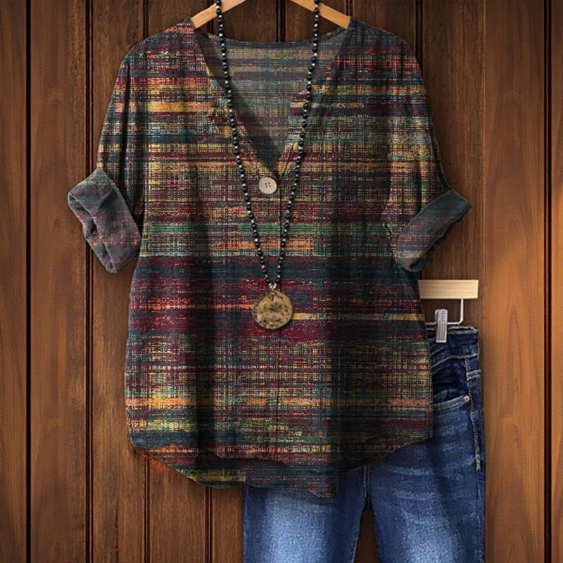 Färgglad Vintage Blus i Bomull och Polyester för Dam med Trekvartsärm och V - Ringning - Perfekt för Vår och Sommar - STILUNA