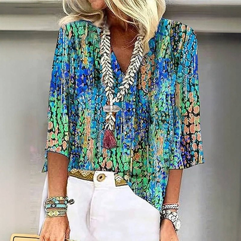 Färgglad Vintage Blus i Bomull och Polyester med V - Ringning – Trekvartsärm - STILUNA