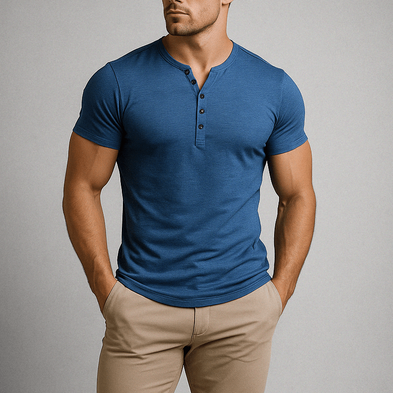 Kortärmad Henley T-shirt i Atletisk Passform – Andningsbar Bomullsblandning för Aktiv Livsstil - STILUNA