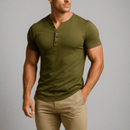 Kortärmad Henley T-shirt i Atletisk Passform – Andningsbar Bomullsblandning för Aktiv Livsstil - STILUNA