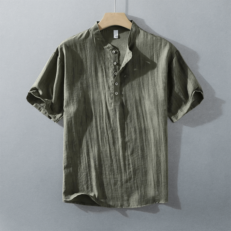 Kortärmad Skjorta Herr i Linneblandning med Knappstängning och Bandkrage – Avslappnad och Andningsbar Design - STILUNA