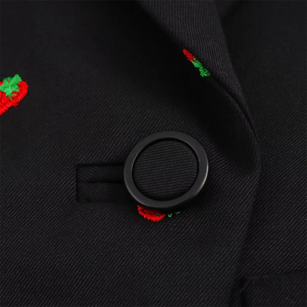 Kvinnors Casual Retro Jordgubbsbroderad Kavaj och Hög Midja Mini Kjol Mode Set: Lås Upp Stil och Komfort för Moderna Kvinnor - STILUNA