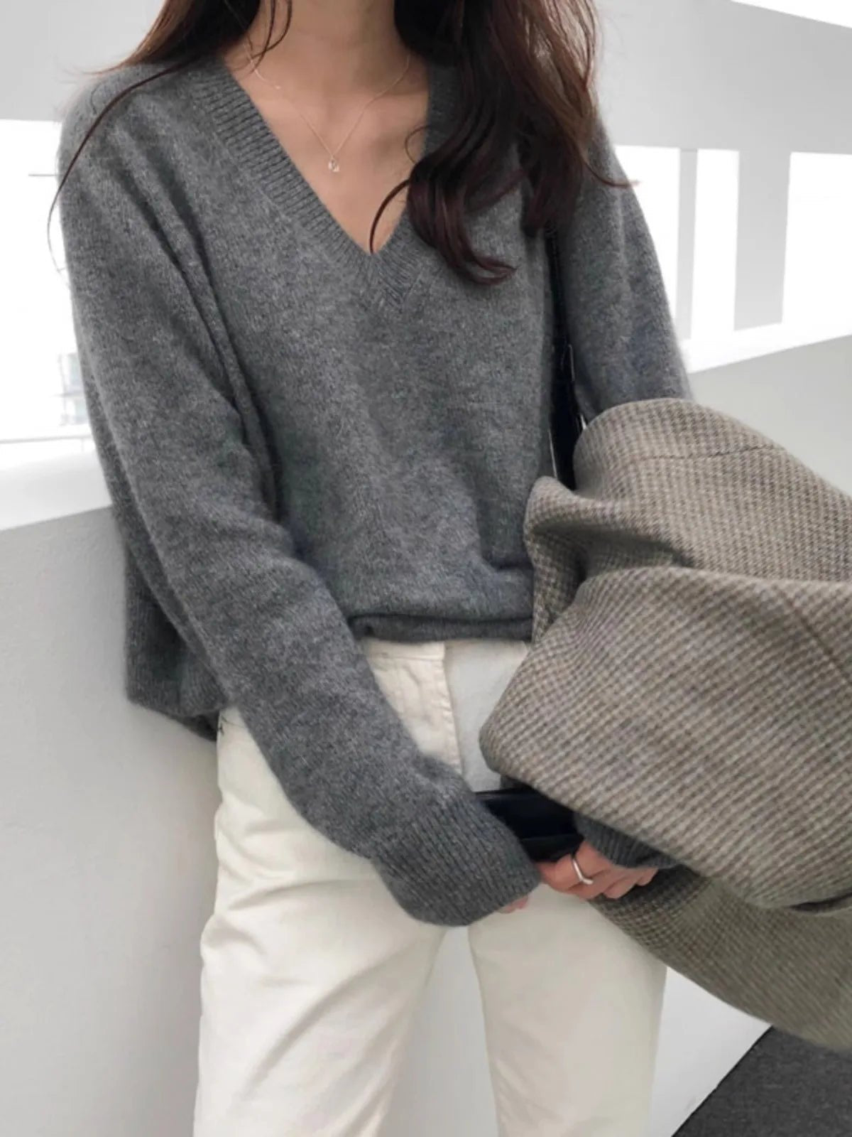 Kvinnors Tröja 100% Cashmere V - ringning Loose Fit - STILUNA