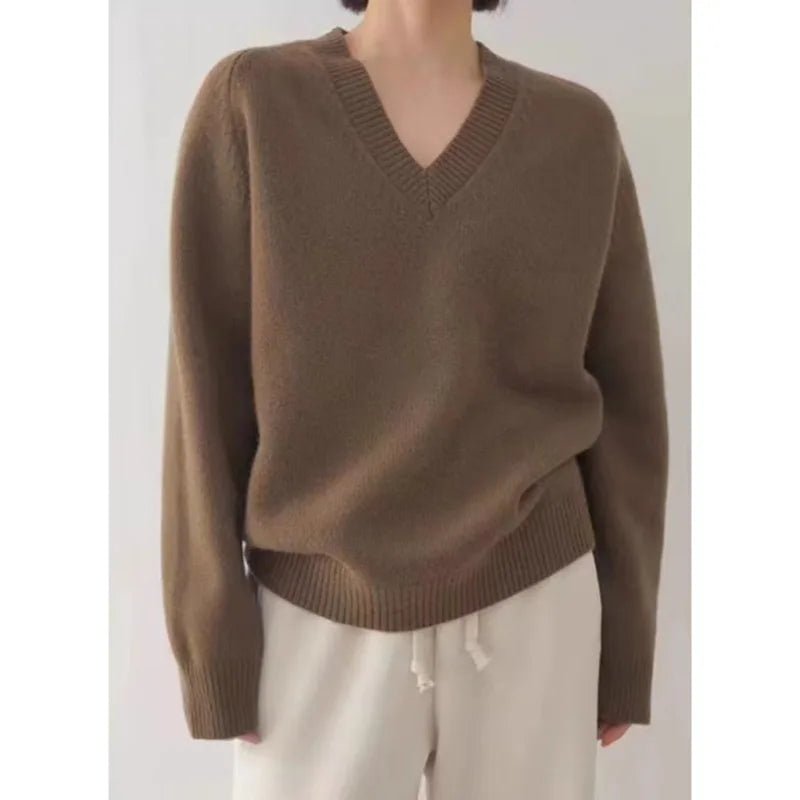 Kvinnors Ulltröja 100% Ull Löst Stickad V - hals - STILUNA