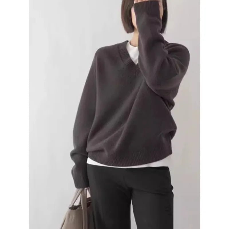 Kvinnors Ulltröja 100% Ull Löst Stickad V - hals - STILUNA