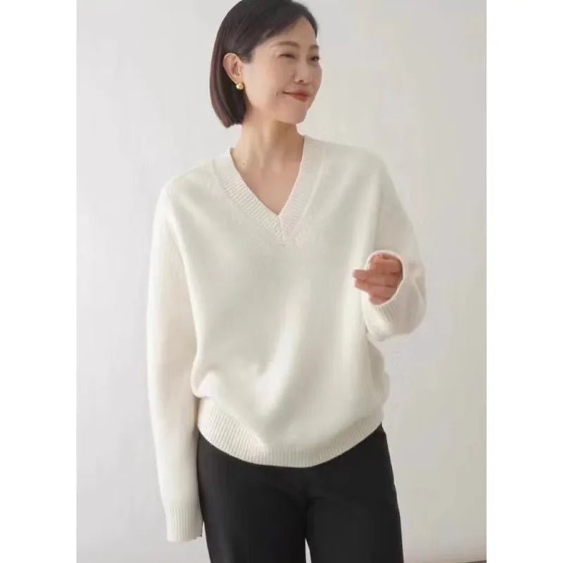 Kvinnors Ulltröja 100% Ull Löst Stickad V - hals - STILUNA