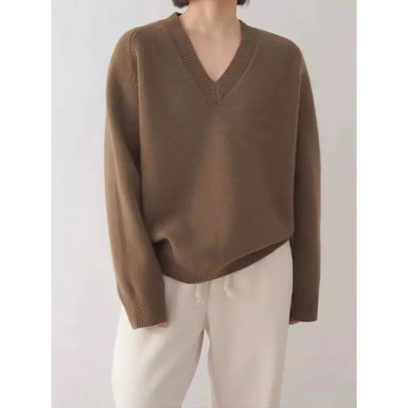 Kvinnors Ulltröja 100% Ull Löst Stickad V - hals - STILUNA