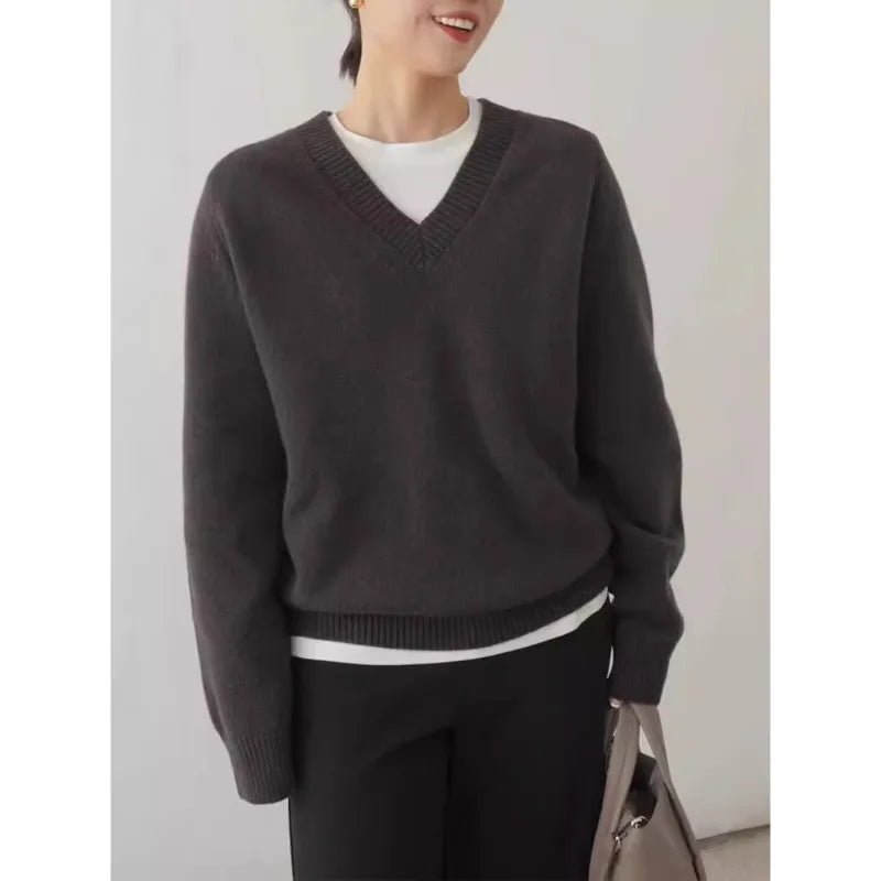 Kvinnors Ulltröja 100% Ull Löst Stickad V - hals - STILUNA