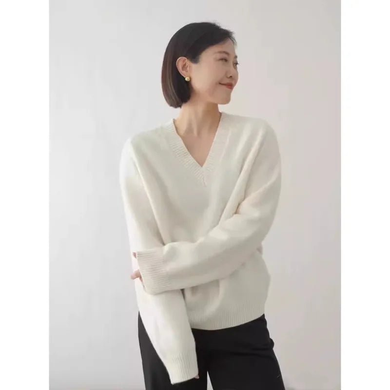 Kvinnors Ulltröja 100% Ull Löst Stickad V - hals - STILUNA