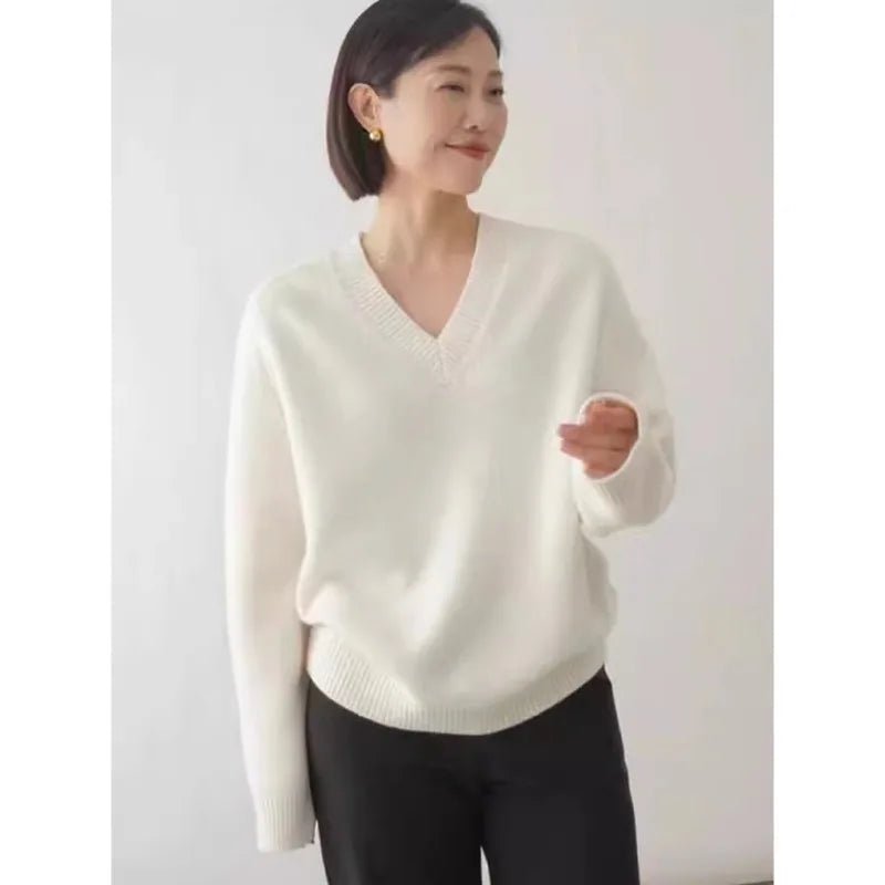 Kvinnors Ulltröja 100% Ull Löst Stickad V - hals - STILUNA