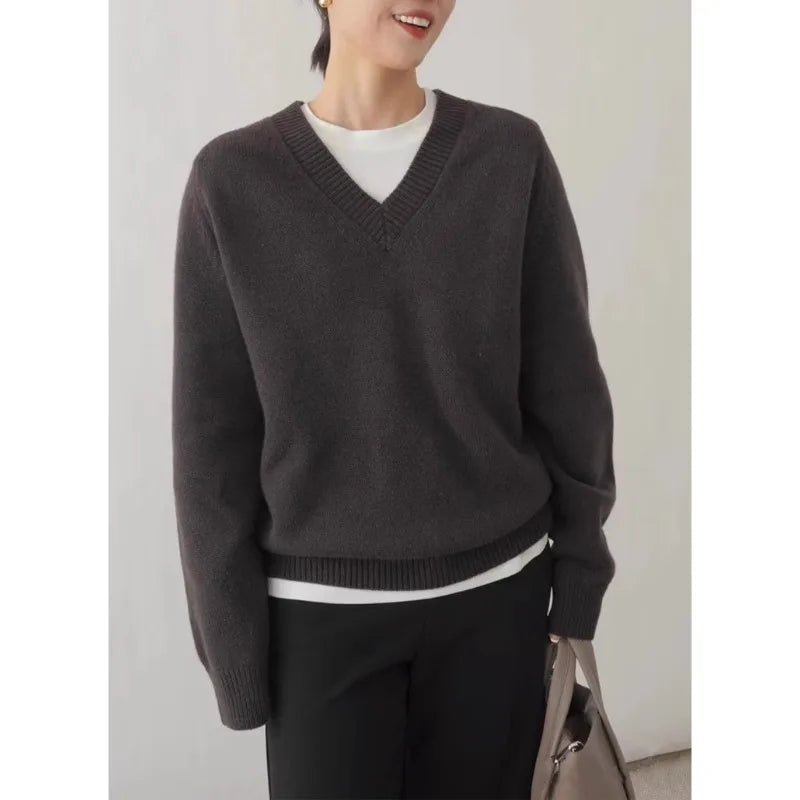 Kvinnors Ulltröja 100% Ull Löst Stickad V - hals - STILUNA