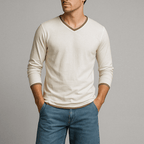 Långärmad Skjorta i 100% Bomull med V - ringning och Kontrastdetaljer - STILUNA