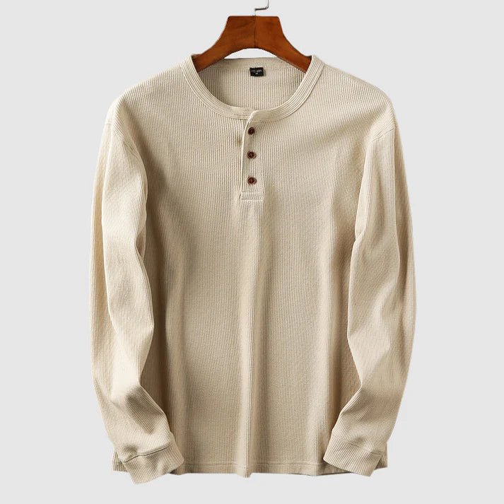 Mason Henley Skjorta i Mjuk Bomull med Ribbad Manschett och Knappslå – Lång Ärmar och Våffelstickning - STILUNA