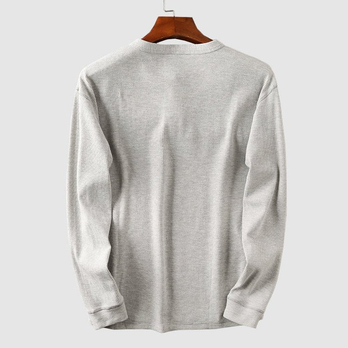 Mason Henley Skjorta i Mjuk Bomull med Ribbad Manschett och Knappslå – Lång Ärmar och Våffelstickning - STILUNA