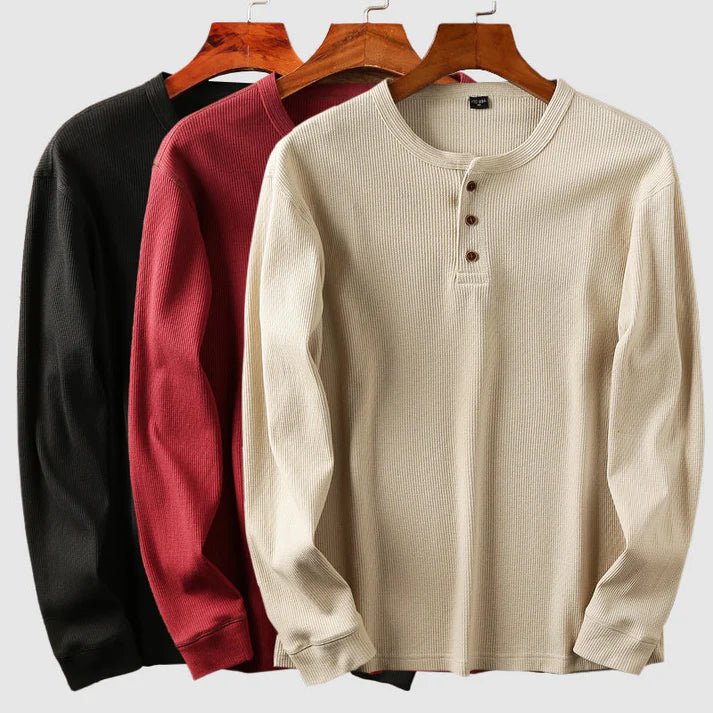 Mason Henley Skjorta i Mjuk Bomull med Ribbad Manschett och Knappslå – Lång Ärmar och Våffelstickning - STILUNA