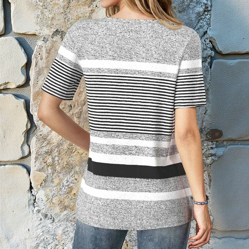 Randig Blus i Bomull och Polyester med V - Ringning – Kortärmad för Vår och Sommar - STILUNA