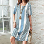 Randig Sommarklänning Dam i Bomull och Polyester med Fickor – Kortärmad Knälängd för Vår och Sommar - STILUNA