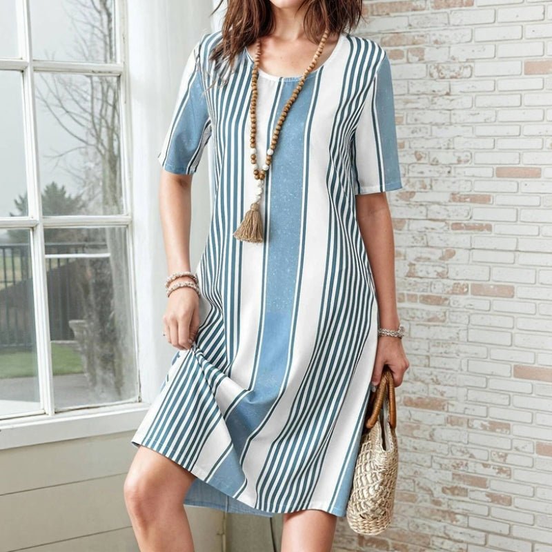 Randig Sommarklänning Dam i Bomull och Polyester med Fickor – Kortärmad Knälängd för Vår och Sommar - STILUNA