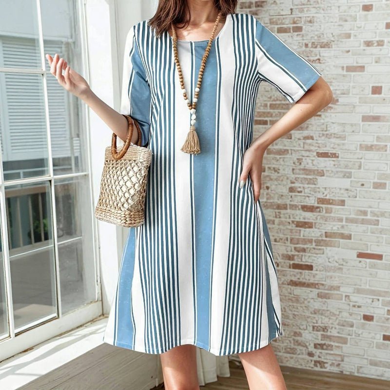 Randig Sommarklänning Dam i Bomull och Polyester med Fickor – Kortärmad Knälängd för Vår och Sommar - STILUNA