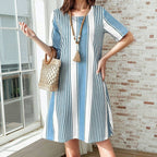 Randig Sommarklänning Dam i Bomull och Polyester med Fickor – Kortärmad Knälängd för Vår och Sommar - STILUNA