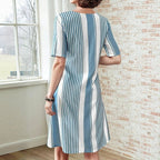 Randig Sommarklänning Dam i Bomull och Polyester med Fickor – Kortärmad Knälängd för Vår och Sommar - STILUNA