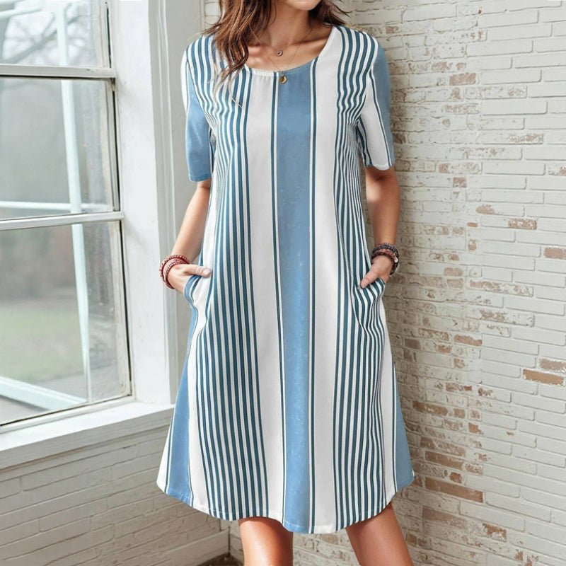 Randig Sommarklänning Dam i Bomull och Polyester med Fickor – Kortärmad Knälängd för Vår och Sommar - STILUNA