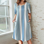 Randig Sommarklänning Dam i Bomull och Polyester med Fickor – Kortärmad Knälängd för Vår och Sommar - STILUNA