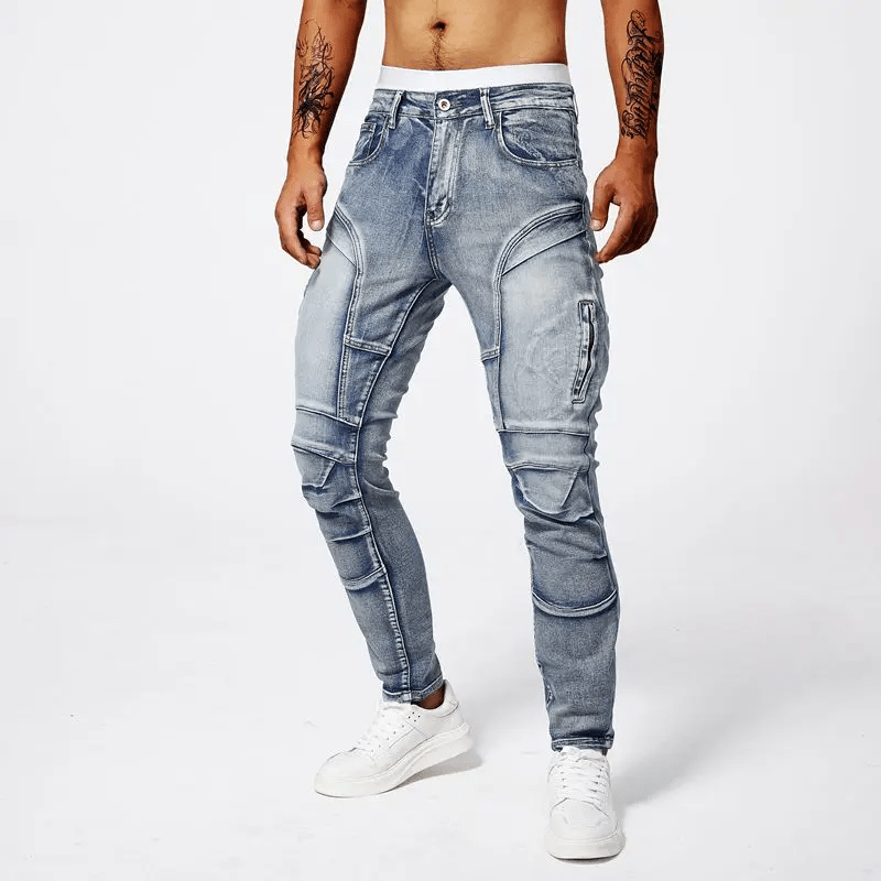 Slim Moto Jeans i Tvättad Bomull med Funktionella Zip - fickor och Taperad Ben – Slim Fit, Mid Rise, Fem Fickor - STILUNA