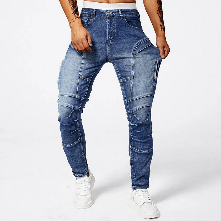 Slim Moto Jeans i Tvättad Bomull med Funktionella Zip - fickor och Taperad Ben – Slim Fit, Mid Rise, Fem Fickor - STILUNA