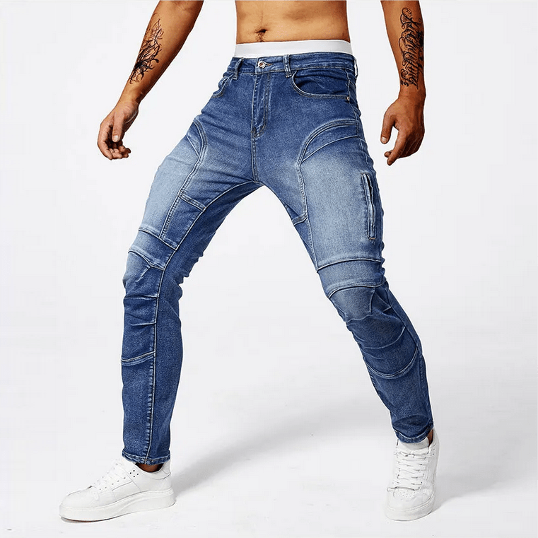 Slim Moto Jeans i Tvättad Bomull med Funktionella Zip - fickor och Taperad Ben – Slim Fit, Mid Rise, Fem Fickor - STILUNA