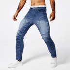 Slim Moto Jeans i Tvättad Bomull med Funktionella Zip - fickor och Taperad Ben – Slim Fit, Mid Rise, Fem Fickor - STILUNA