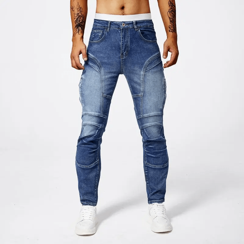 Slim Moto Jeans i Tvättad Bomull med Funktionella Zip - fickor och Taperad Ben – Slim Fit, Mid Rise, Fem Fickor - STILUNA