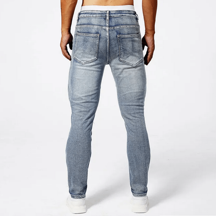 Slim Moto Jeans i Tvättad Bomull med Funktionella Zip - fickor och Taperad Ben – Slim Fit, Mid Rise, Fem Fickor - STILUNA