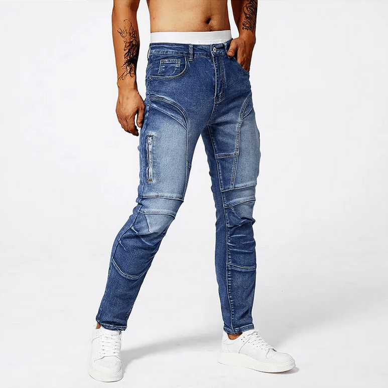 Slim Moto Jeans i Tvättad Bomull med Funktionella Zip - fickor och Taperad Ben – Slim Fit, Mid Rise, Fem Fickor - STILUNA