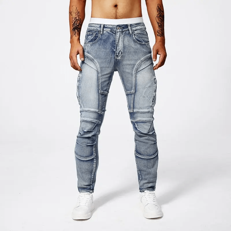 Slim Moto Jeans i Tvättad Bomull med Funktionella Zip - fickor och Taperad Ben – Slim Fit, Mid Rise, Fem Fickor - STILUNA