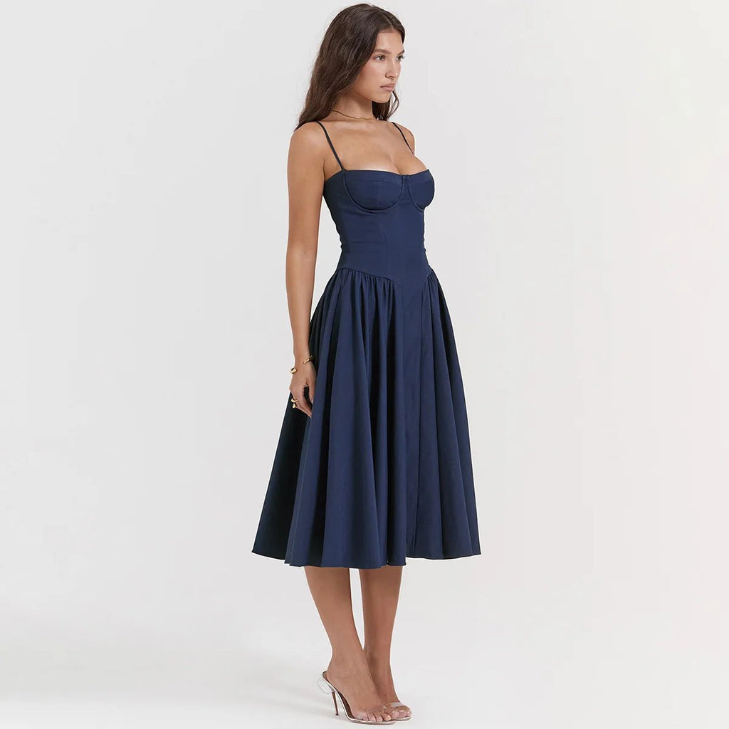 Sommardress för Damer – Elegant Ärmlös Rygglös Plisserad Midi Klänning - STILUNA