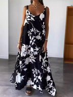 Sommarklänning för Kvinnor – Lång Ärmlös Klänning med V - ringning, Spaghettiband & Blommigt Tryck – Perfekt för Strand & Semester - STILUNA