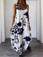 Sommarklänning för Kvinnor – Lång Ärmlös Klänning med V - ringning, Spaghettiband & Blommigt Tryck – Perfekt för Strand & Semester - STILUNA