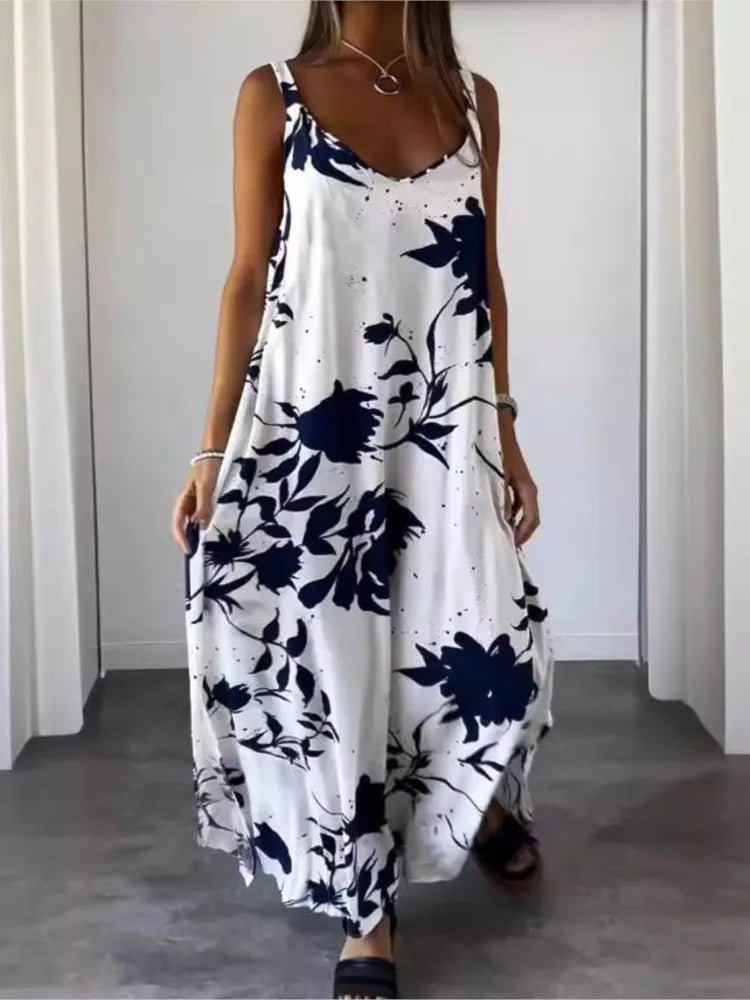 Sommarklänning för Kvinnor – Lång Ärmlös Klänning med V - ringning, Spaghettiband & Blommigt Tryck – Perfekt för Strand & Semester - STILUNA