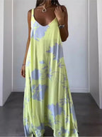 Sommarklänning för Kvinnor – Lång Ärmlös Klänning med V - ringning, Spaghettiband & Blommigt Tryck – Perfekt för Strand & Semester - STILUNA