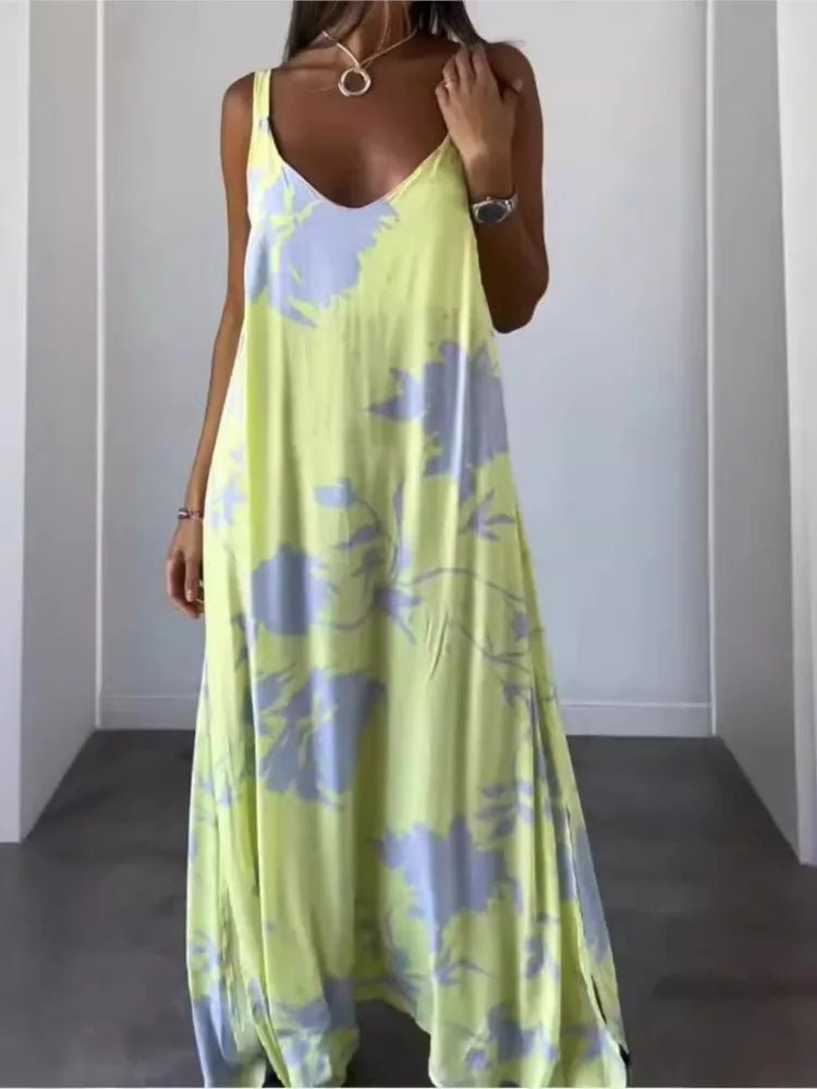 Sommarklänning för Kvinnor – Lång Ärmlös Klänning med V - ringning, Spaghettiband & Blommigt Tryck – Perfekt för Strand & Semester - STILUNA