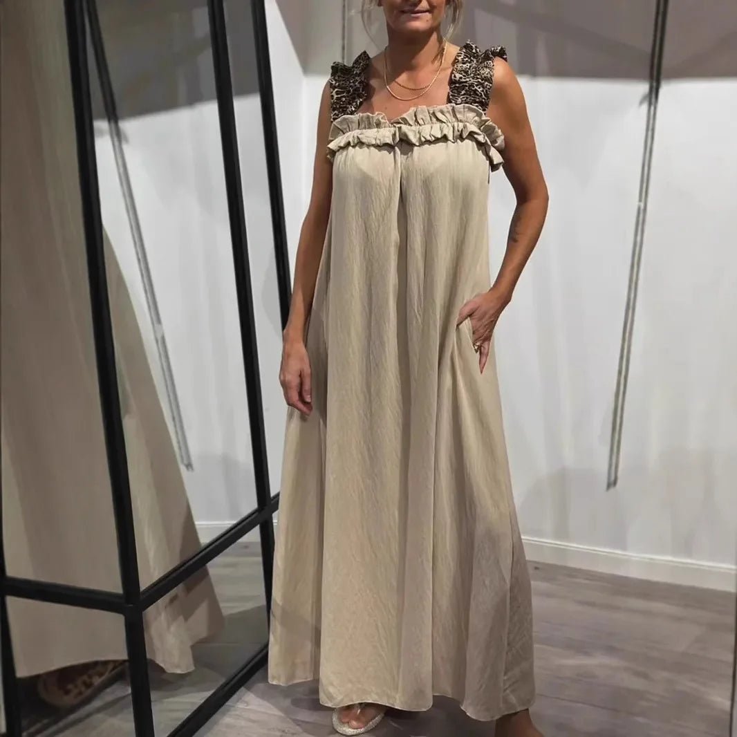 Sommarklänning i Bomull &amp; Linne – Boho Maxi Klänning utan Ärmar - STILUNA