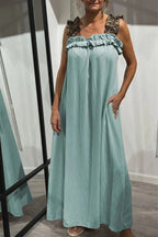 Sommarklänning i Bomull &amp; Linne – Boho Maxi Klänning utan Ärmar - STILUNA