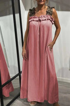 Sommarklänning i Bomull &amp; Linne – Boho Maxi Klänning utan Ärmar - STILUNA