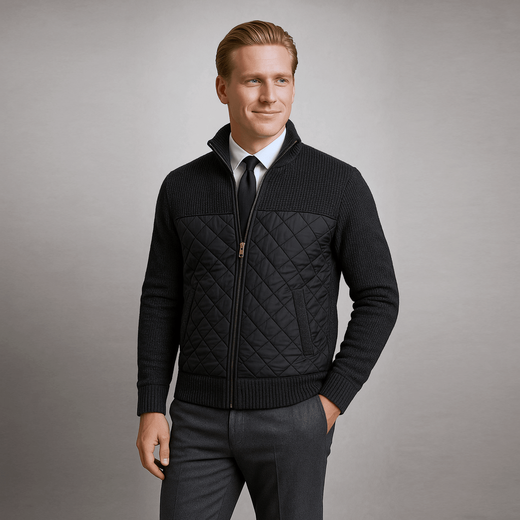 Stickad Jacka med Diamantkviltning och Ståkrage – Slim Fit i Hållbar Polyester för Kyliga Dagar - STILUNA