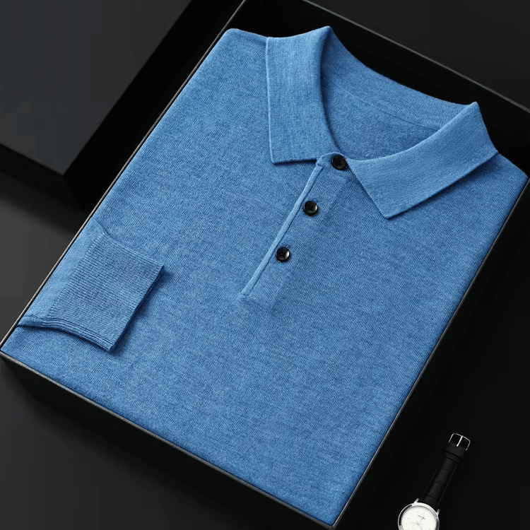 Stickad Polotröja Merinoull med Långa Ärmar och Spridd Krage – Svart eller Vit - STILUNA