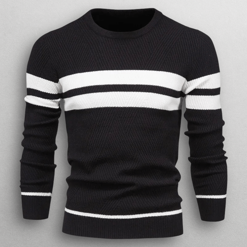 Stickad Tröja Dam i Mjuk Bomullsblandning med Kontraststripes – Slim Fit Crewneck och Långa Ärmar - STILUNA