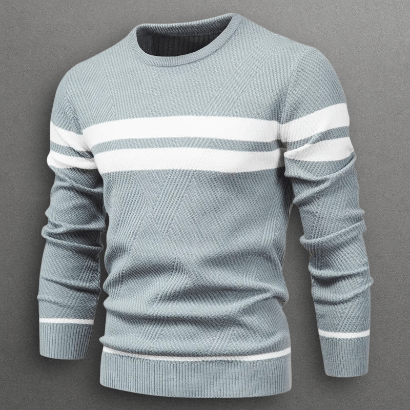 Stickad Tröja Dam i Mjuk Bomullsblandning med Kontraststripes – Slim Fit Crewneck och Långa Ärmar - STILUNA