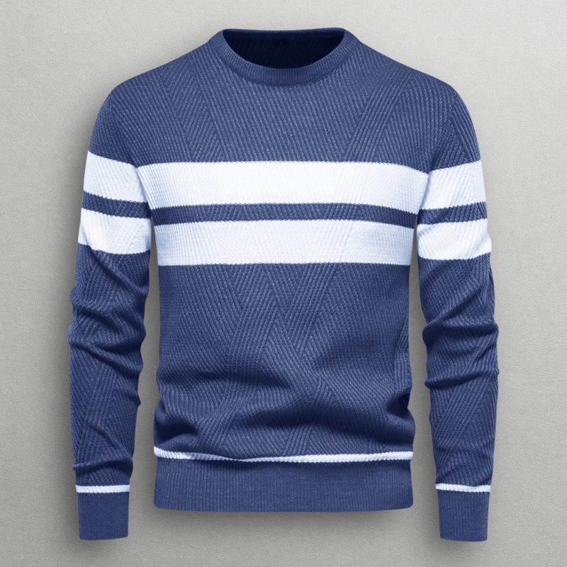 Stickad Tröja Dam i Mjuk Bomullsblandning med Kontraststripes – Slim Fit Crewneck och Långa Ärmar - STILUNA