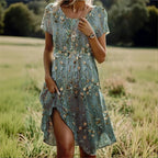 Vintage Blommig Klänning i Bomull och Polyester – Kortärmad Knälång Klänning för Vår och Sommar - STILUNA